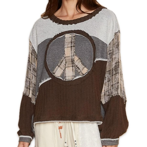POL Sweat shirt Peace Sign Free Terry Boho / Peace Top Patchwork L Boutique - Picture 12 of 15